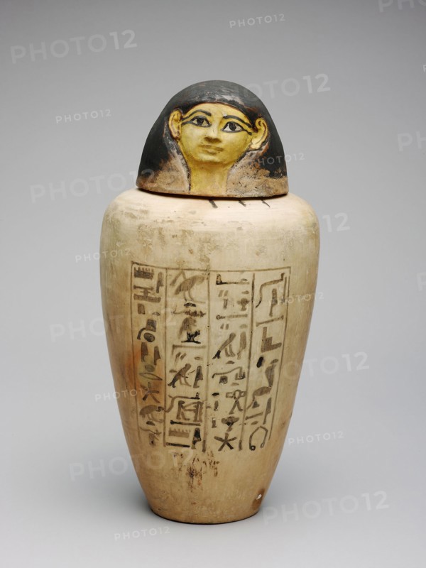 Canopic Jar of the Overseer of the Builders of Amun, Amenhotep, New Kingdom, Dynasty 18, reign of Amenhotep II (about 1427–1400 BC), Egyptian, Egypt, terracotta and pigment, a (jar):  30.4 × 19 × 19 cm (12 × 7 1/5 × 7 1/5 in.)