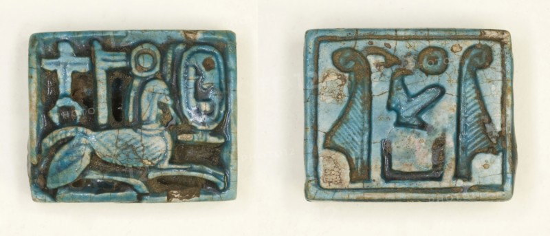 Plaque: Sphinx with Cartouche/Maatkare Flanked by Feathers, New Kingdom, Dynasty 18, reign of Hatshepsut (about 1473–1458 BC), Egyptian, Egypt, Glazed steatite, 2 × 1.5 × .5 cm (3/4 × 5/8 × 1/4 in.)