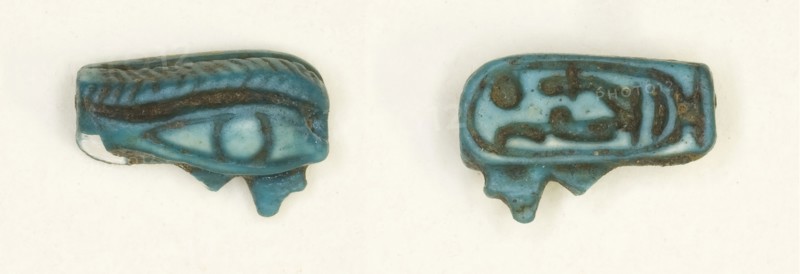 Amulet of the Eye of Horus, New Kingdom, Dynasty 18, reign of Amunhotep III (about 1390–1352 BC), Egyptian, Egypt, Faience, 1.1 × 0.8 × 0.5 cm (7/16 × 5/16 × 3/16 in.)