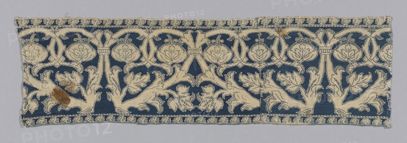 Border, 17th century, Italy, Linen, plain weave, embroidered with silk in back and long-armed cross stitches, lower edge finished with silk, twin cord, 14.5 x 49.2 cm (5 3/4 x 19 3/8 in.)