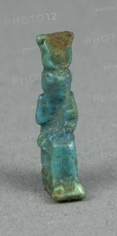 Amulet of the Goddess Isis with Horus as a Child, Late Period–Ptolemaic Period (7th–1st centuries BC), Egyptian, Egypt, Faience, 2.54 × .48 × 1 cm (1 × 3/16 × 3/8 in.)