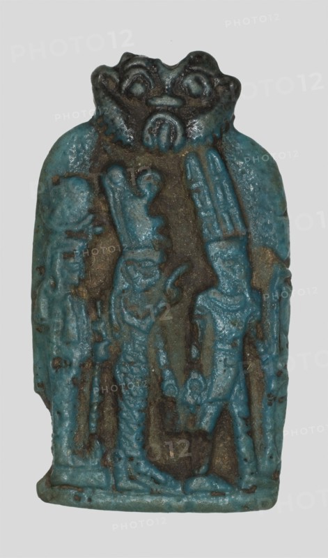 Amulet of the Theban Triad, Amun, Mut, and Khonsu, Late Period, Dynasty 26–31 (664–332 BC), Egyptian, Egypt, Faience, 4.4 × 2.5 × 0.3 cm (1 3/4 × 1 × 1/8 in.)