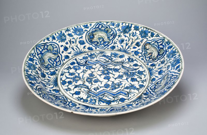 Blue and White Dish, Safavid dynasty (1501–1722), 17th century, Iran, Iran, Fritware with underglaze painting in blue and black, 9.6 × 46.7 cm (3 13/16 × 18 3/8 in.)
