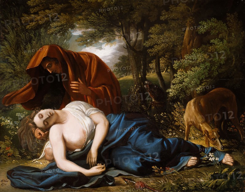 The Death of Procris, 1770, retouched 1803, Benjamin West, British, born in America, 1738-1820, England, Oil on panel, 32.4 × 41.2 cm (12 3/4 × 16 1/4 in.)