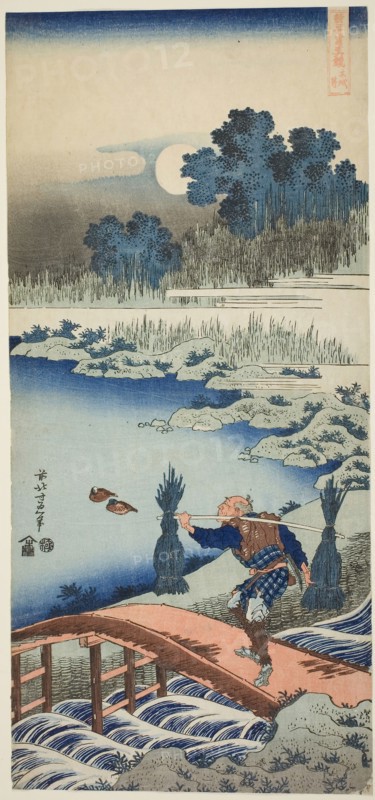 A Peasant Crossing a Bridge, from the series A True Mirror of Chinese and Japanese Poems, late 1830s, Katsushika Hokusai ?? ??, Japanese, 1760-1849, Japan, Color woodblock print, nagaban, 50.0 x 23.2 cm