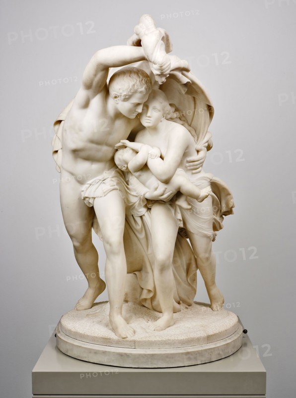 Flight from Pompeii, 1873, Giovanni Maria Benzoni, Italian, 1809-1873, Rome, Marble, Appro×. 115.6 × 72.4 × 86.4  cm (45 1/2 × 28 1/2 × 34 in.)