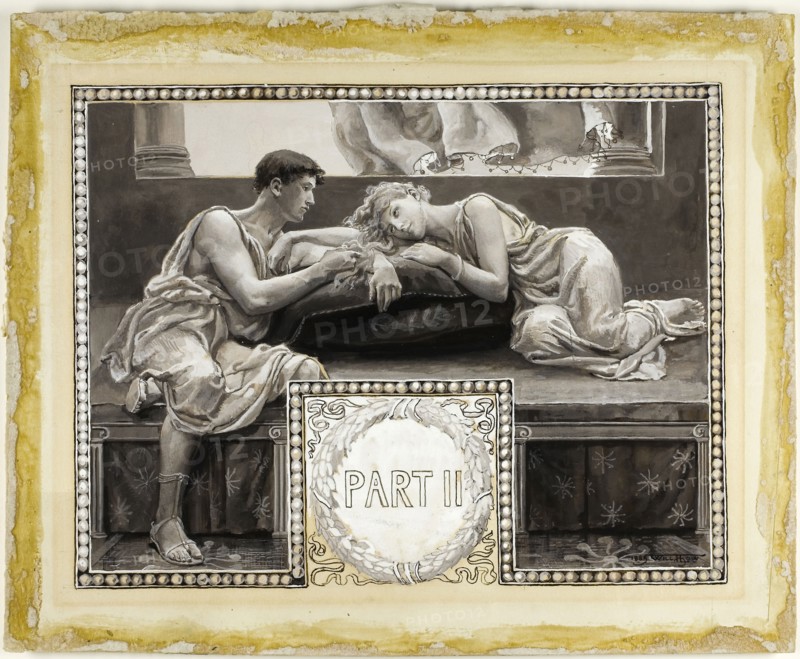 They Were Enthroned, in the Eventide, Upon a Couch, Head-Piece, Part II, 1885, Will Hicock Low, American, 1853-1932, United States, Brown, gray and white gouache, over traces of graphite, on cream wood-pulp laminate board, 302 x 372 mm