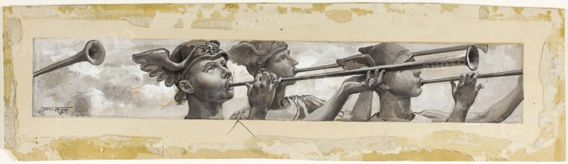 Deafening the Swallows’ Twitter, Came a Thrill of Trumpets, 1885, Will Hicock Low, American, 1853-1932, United States, Black, gray and white gouache, over traces of graphite, on cream wove card, 98 x 351 mm