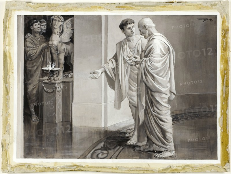 He Met Within the Murmurous Vestibule, His Young Disciple, 1885, Will Hicock Low, American, 1853-1932, United States, Brown, gray and white gouache, with touches of black gouache, on cream wood-pulp laminate board, 268 x 358 mm