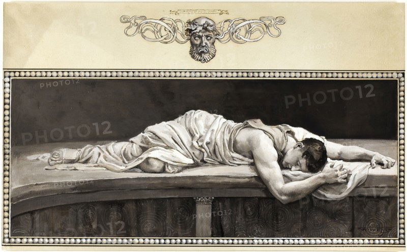 And in its Marriage Robe the Heavy Body Wound, 1885, Will Hicock Low, American, 1853-1932, United States, Black, gray and white gouache on cream wood-pulp laminate board, 280 x 455 mm