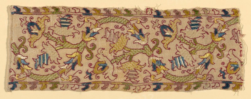 Border, 17th century, Italy, Linen, plain gauze weave, embroidered with silk floss in running, double running and satin stitches, 38.8 x 13.7 cm (15 1/4 x 5 3/8 in.)