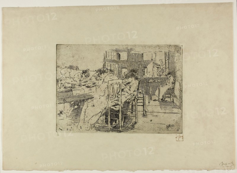 Untitled (Girls Saying Grace), 1885, Robert Frederick Blum, American, 1857-1903, United States, Etching on tan wove paper, 169 x 241 mm (image/plate), 315 x 662 mm (sheet)