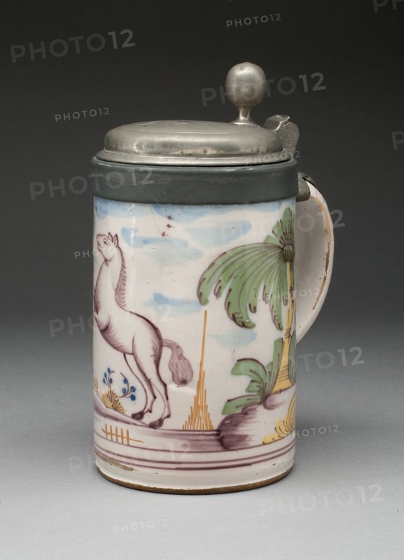 Tankard, c. 1777, Germany, Magdeburg, Magdeburg, Tin-glazed earthenware (faience) and pewter, H. 22 cm (8 5/8 in.), diam. 10.8 cm (4 1/4 in.)