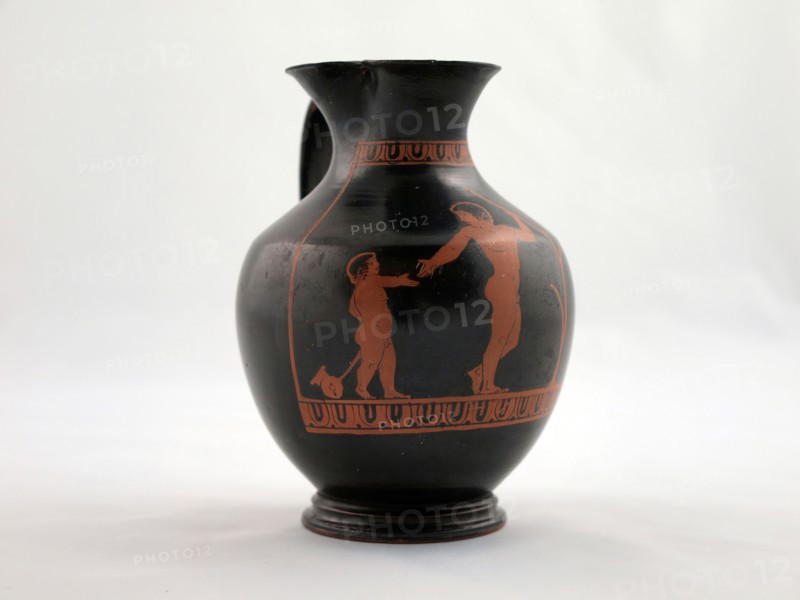 Chous (Toy Pitcher), 440/420 BC, Greek, Athens, Athens, terracotta, decorated in the red-figure technique, 10.8 × 7.7 × 7.8 cm (4.26 × 3.05 × 3.08 in.)