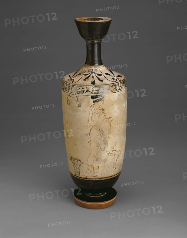Lekythos (Oil Jar), About 440 BC, Greek, Athens, Athens, terracotta, decorated in the white-ground technique, H. 31 cm (12 1/4 in.), diam. 10.4 cm (4 1/8 in.)