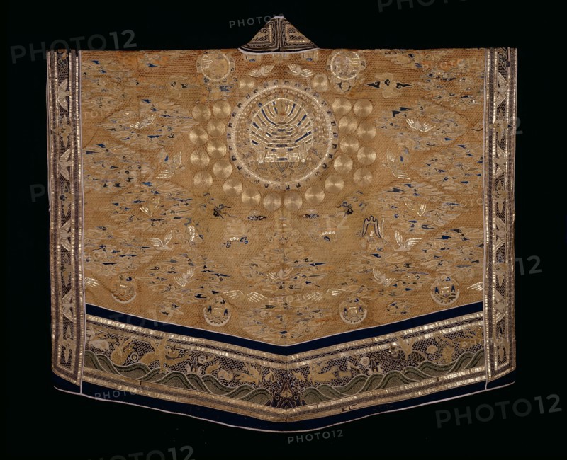 Vestment (For a First-degree Taoist Priest), Qing dynasty (1644–1911), 1793, Zheng Wuda? (Hui- chang, active c. 1793), Han-Chinese, China, Silk, warp-float faced 7:1 satin weave, embroidered with silk, peacock-feather-wrapped silk, gold-leaf-over-lacquered-paper-strip-wrapped silk, and gold-leaf-over-lacquered paper in surface satin stitches, laid work and couching, appliquéd with forms of silk, plain weaves between two layers of paper, some with gold- and silver-leaf-over-lacquered paper, and embroidered with silk in chain and knot stitches, needle looping with laid thread and darned bars, and silk and gold-leaf-over-lacquered-paper-strip-wrapped silk, laid work and couching, edged with cotton, plain weave, lined with ramie, plain weave, metal button, 139.6 × 156.2 cm (55 × 61 1/2 in.)