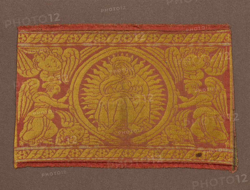 Fragment (From an Orphrey Band), 15th century, Italy, Silk, satin weave with twill interlacings of secondary binding warps and patterning wefts, 24.8 x 38 cm (9 3/4 x 15 in.)