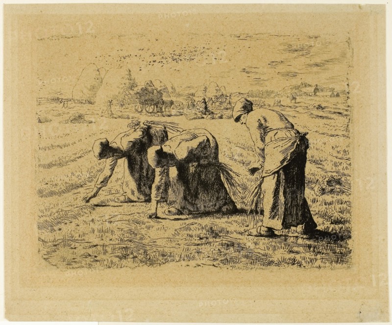 The Gleaners, 1855–56, Jean François Millet (French, 1814-1875), printed by Auguste Delâtre (French, 1822-1907), France, Etching and drypoint on tan laid China paper, 188 × 250 mm (image), 192 × 256 mm (plate), 253 × 305 mm (sheet)