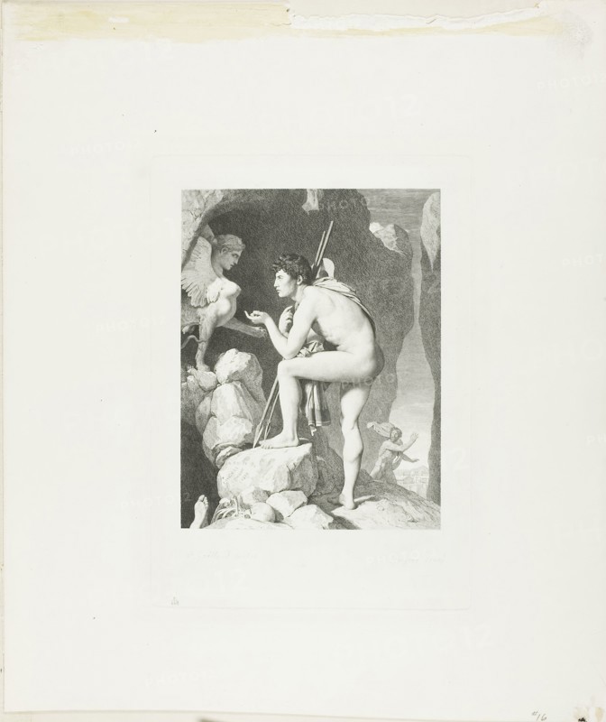 Oedipus and the Sphinx, 1867, Claude Ferdinand Gaillard (French, 1834-1887), after Jean–Auguste–Dominique Ingres (French, 1780–1867), France, Engraving on ivory China paper, laid down on ivory wove paper, 255 × 180 mm (plate), 404 × 341 mm (sheet)