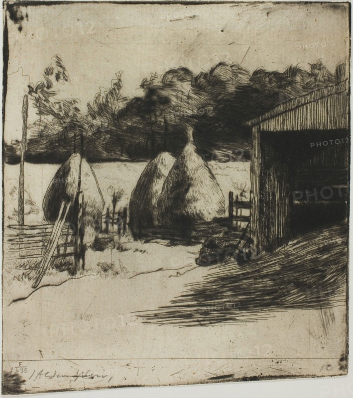 The Haystacks, 1887/89, Julian Alden Weir, American, 1852-1919, United States, Drypoint with etching on cream wove paper, 133 x 116 mm (sheet, cut to platemark)