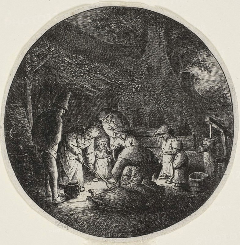 The Pigkillers, c. 1652, Adriaen van Ostade, Dutch, 1610-1685, Holland, Etching in black on ivory laid paper, 112 x 112 mm (image/plate), 118 x 117 mm (sheet)