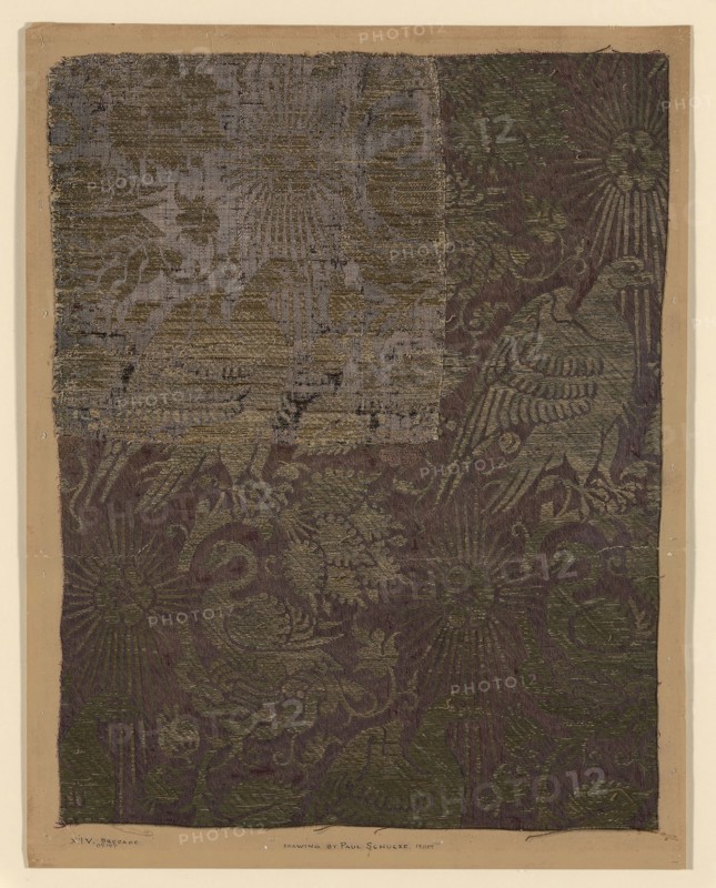 Fragment Supplemented with Drawing, 14th century and 19th century, Drawing by Paul Schultze, Italy, Compound twill satin, plain weave, 47.9 x 37.8 cm (18 7/8 x 14 7/8 in.)