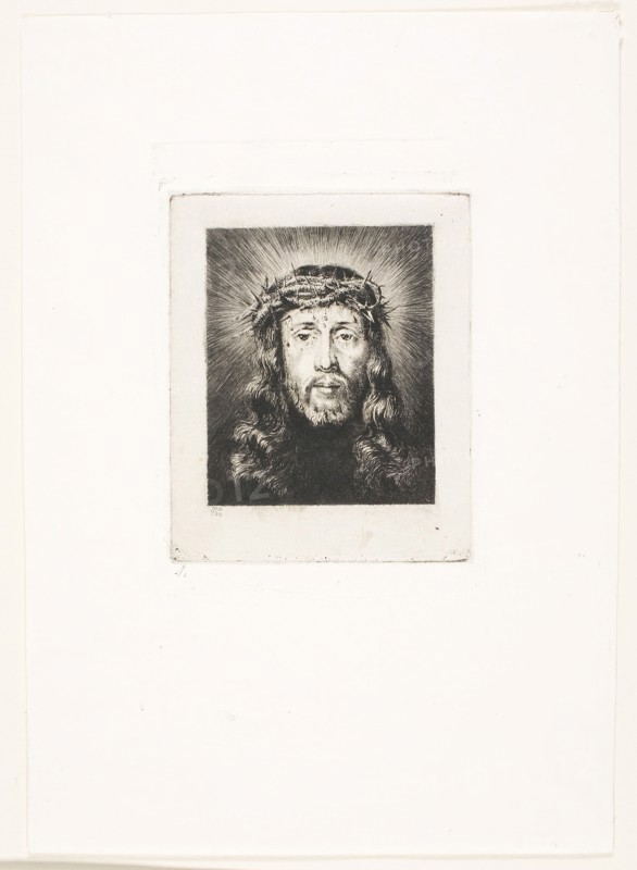 The Face of Christ, 1849, Charles Meryon (French, 1821-1868), after a minature by Elise Brurère (French, 19th century), after a painting by Philippe de Champaigne (French, 1602-1674), France, Etching with roulette on ivory China paper, laid down on ivory wove paper, 81 × 65 mm (image), 106 × 87 mm (plate), 107 × 82 mm (primary support), 242 × 172 mm (secondary support)