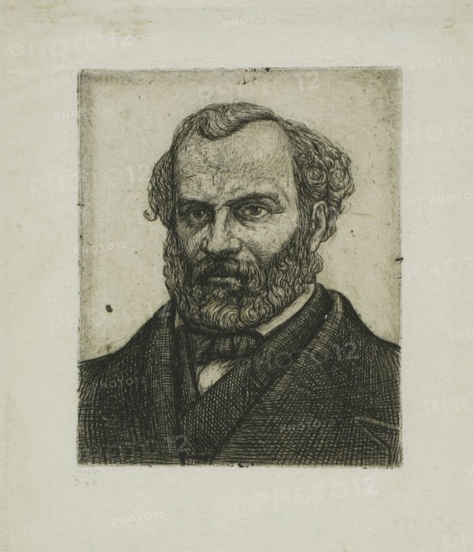 Portrait of Armand Guéraud of Nantes, Printer and Man of Letters, 1861–62, Charles Meryon, French, 1821-1868, France, Etching, from tin plate, on grayish ivory laid chine, hinged to ivory laid paper, 58 × 47 mm (image), 58 × 47 mm (plate), 91 × 74 mm (primary support), 371 × 302 mm (secondary support)