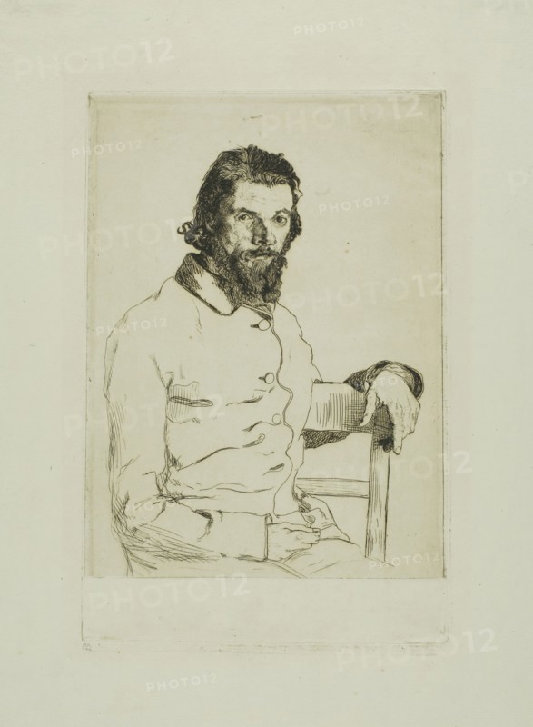 Portrait of Meryon, 1853, Felix Bracquemond, French, 1833–1914, France, Etching on light blue laid paper, 230 × 155 mm (plate), 316 × 236 mm (sheet)