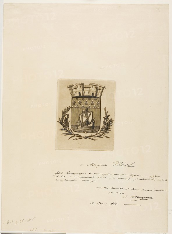 Arms Symbolical of the City of Paris, 1854, Charles Meryon, French, 1821-1868, France, Etching in warm black with plate tone on ivory laid paper, 136 × 112 mm (image), 136 × 112 mm (plate), 440 × 322 mm (sheet)