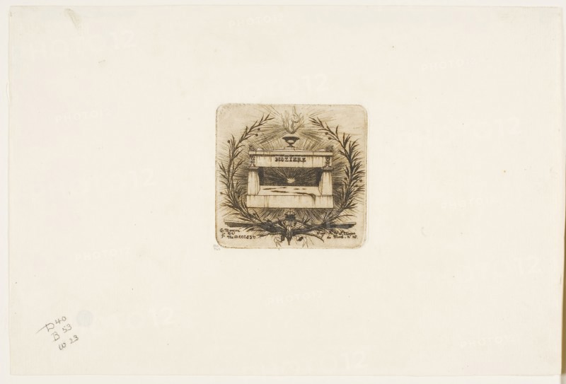 Molière’s Tomb, Père-Lachaise Cemetery, Paris, 1854, Charles Meryon, French, 1821-1868, France, Etching in warm black on ivory laid paper, 68 × 70 mm (image), 68 × 70 mm (plate), 172 × 257 mm (sheet)