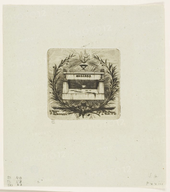 Molière’s Tomb, Père-Lachaise Cemetery, Paris, 1854, Charles Meryon, French, 1821-1868, France, Etching in warm black on verdâtre (greenish) laid paper, 68 × 70 mm (image), 68 × 70 mm (plate), 174 × 154 mm (sheet)