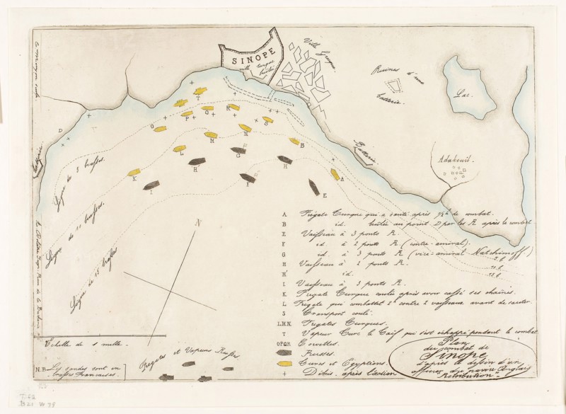 Plan of the Battle of Sinope, 1853, Charles Meryon (French, 1821-1868), printed by Auguste Delâtre (French, 1822-1907), published by Charles Tanera (French, 19th century), France, Etching and roulette in black and tinted with watercolor in blue and yellow on paper, 182 × 261 mm (image), 182 × 262 mm (plate), 204 × 281 mm (sheet)