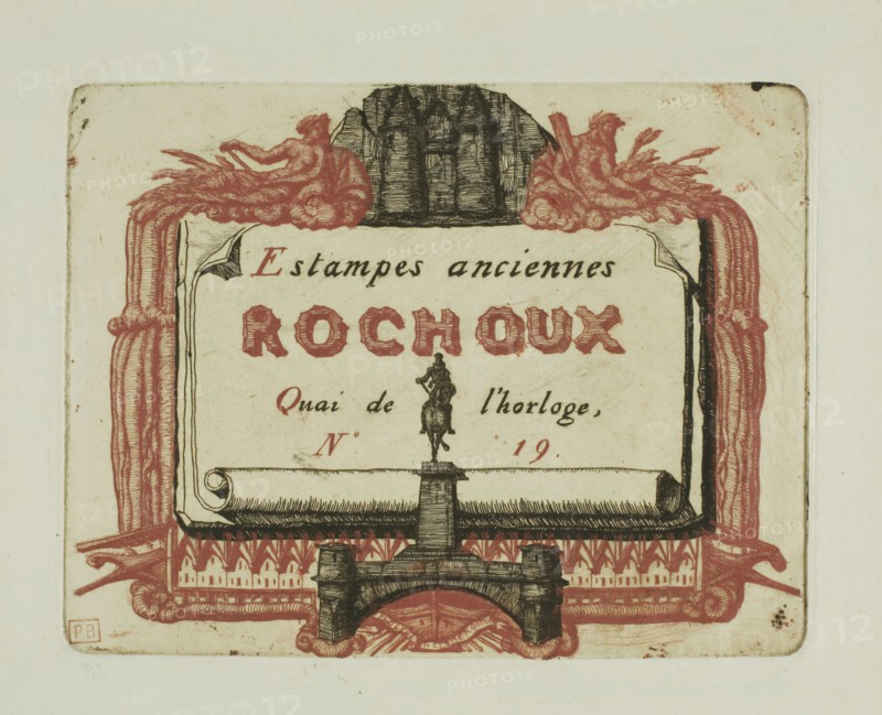 Address-Card of the Printseller, Rochoux, c. 1855, Charles Meryon (French, 1821-1868), printed by Auguste Delâtre (French, 1822-1907), France, Etching, from two plates, one printed in black and the other in red, on ivory laid paper, 92 × 120 mm (image), 92 × 120 mm (plate), 138 × 160 mm (sheet)