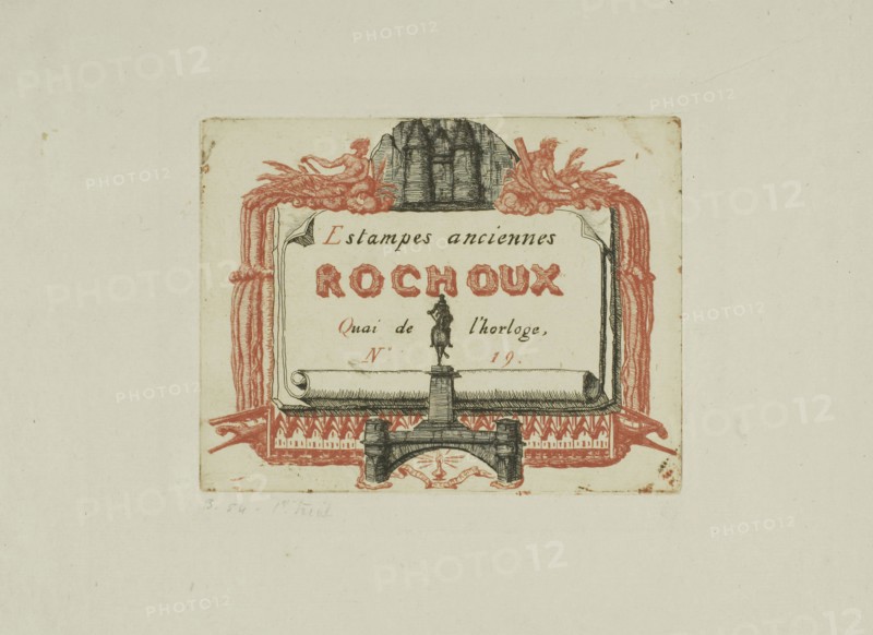 Address-Card of the Printseller, Rochoux, c. 1855, Charles Meryon (French, 1821-1868), printed by Auguste Delâtre (French, 1822-1907), France, Etching, from two plates, one printed in black and the other in red, on ivory laid paper, 93 × 119 mm (image), 93 × 119 mm (plate), 190 × 250 mm (sheet)