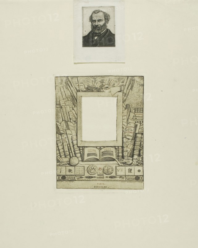 Design for a Frame for the Portrait of Armand Guéraud, 1862, Charles Meryon (French, 1821-1868), printed by A. Beillet (French, 19th century), France, Etching in warm black with some printing à la poupée in copper ink, on ivory laid paper, 166 × 131 mm (image, including stray marks), 170 × 136 mm (plate), 371 × 302 mm (sheet)