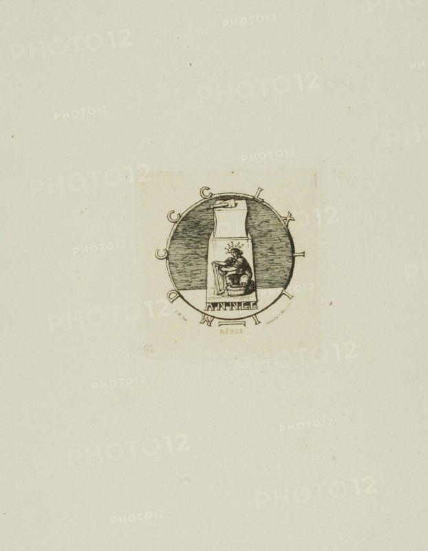 Rebus: Here Lies the Ancient Vendetta, 1862, Charles Meryon (French, 1821-1868), printed by Pierron (French, 19th century), France, Etching with engraving in warm black with the title printed à la poupée in red ink on cream laid paper, 63 × 64 mm (image), 80 × 75 mm (plate), 267 × 207 mm (sheet)