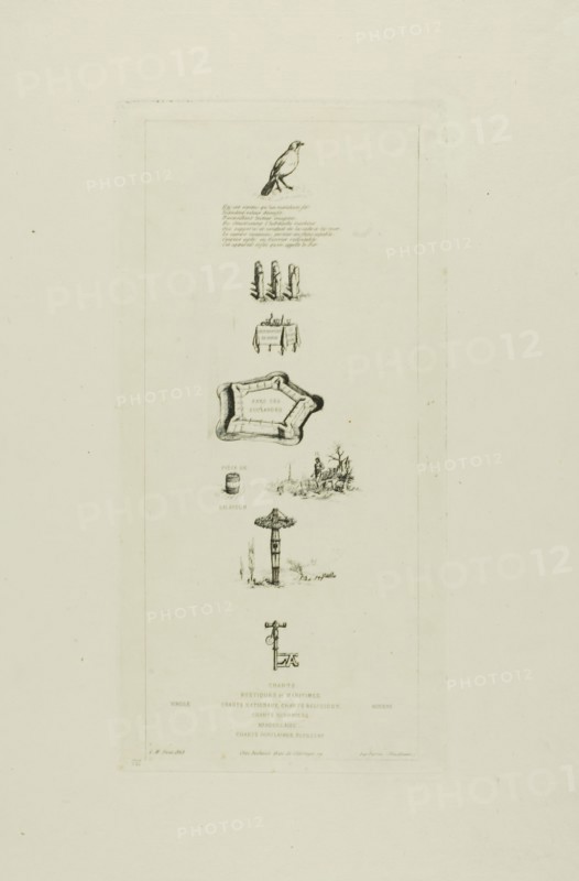 Rebus: Béranger was not Really Strong, for he Never had the Key of the Fields, 1863, Charles Meryon (French, 1821-1868), printed by Pierron (French, 19th century), published by Rochoux (French, 19th century), France, Etching on ivory laid paper, 291 × 125 mm (image), 306 × 151 mm (plate), 450 × 297 mm (sheet)