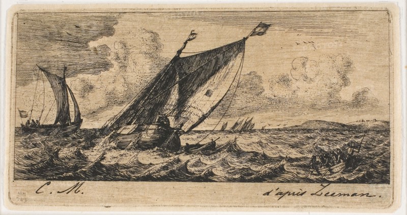 Haarlem Boats in Amsterdam, 1850, Charles Meryon (French, 1821-1868), after Reinier Nooms (Dutch, c. 1623-c. 1664), France, Etching, engraving and roulette on tan laid chine, hinged to ivory laid paper, 68 × 124 mm (image), 68 × 124 mm (plate), 68 × 128 mm (primary support), 314 × 455 mm (secondary support)