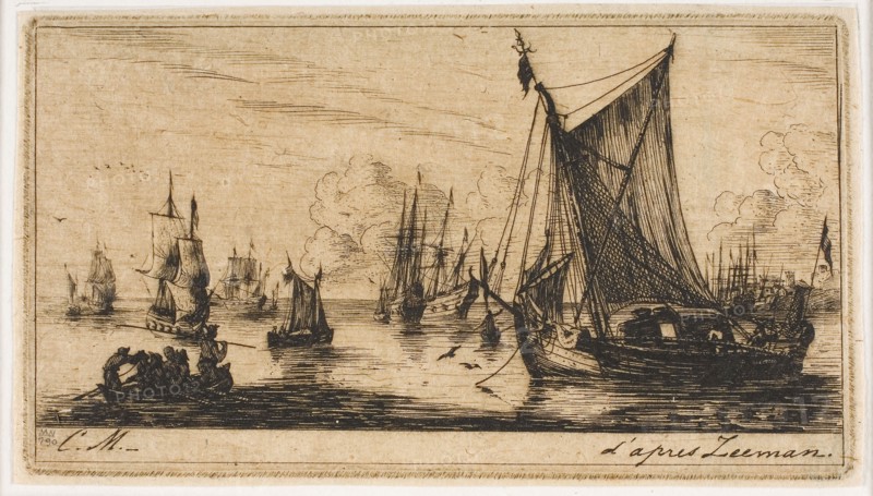 South Sea Fishers, 1850, Charles Meryon (French, 1821-1868), after Reinier Nooms (Dutch, c. 1623-c. 1664), France, Etching, engraving, drypoint and roulette on tan wove paper, 67 × 120 mm (image), 67 × 120 mm (plate), 70 × 123 mm (primary support), 311 × 455 mm (secondary support)