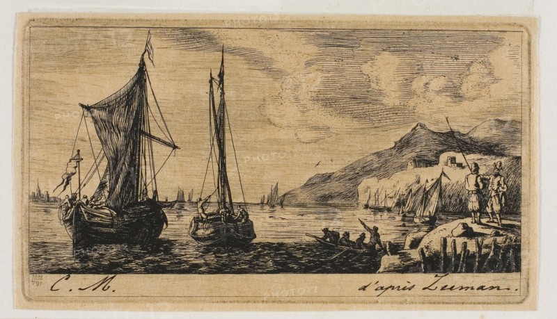 Calais Boats in Vlissingen, 1850, Charles Meryon (French, 1821-1868), after Reinier Nooms (Dutch, c. 1623-c. 1664), France, Etching, drypoint, engraving and roulette on tan laid paper, hinged to ivory laid paper, 67 × 121 mm (image), 67 × 121 mm (plate), 71 × 125 mm (primary support), 317 × 453 mm (secondary support)