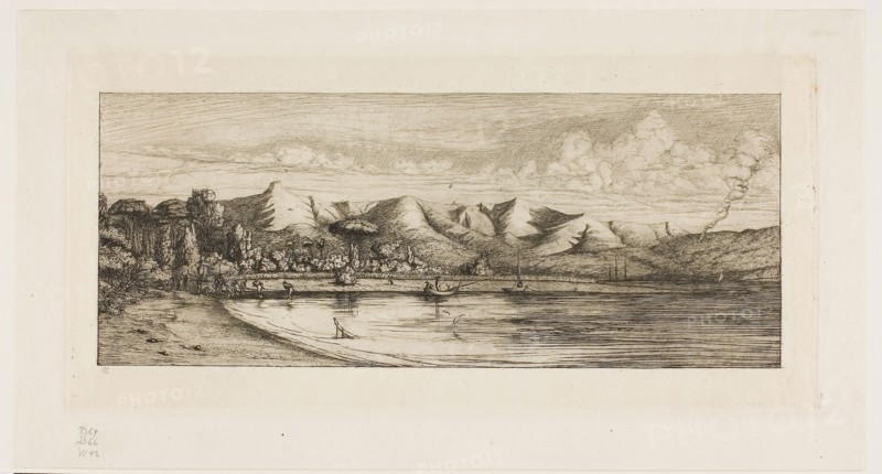 Seine Fishing off Collier’s Point, Akaroa, Banks’ Peninsula, 1845, 1863, Charles Meryon, French, 1821-1868, France, Etching and drypoint on ivory laid paper, 155 × 325 mm (image), 155 × 325 mm (plate), 199 × 367 mm (sheet)