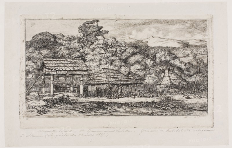 Native Barns and Huts at Akaroa, Banks’ Peninsula, 1845, 1865, Charles Meryon, French, 1821-1868, France, Etching and drypoint on grayish ivory laid paper, laid down on ivory laid paper, hinged to cream wove board, 143 × 243 mm (image), 143 × 243 mm (plate), 181 × 280 mm (primary support), 230 × 316 mm (secondary support), 260 × 350 mm (tertiary support)