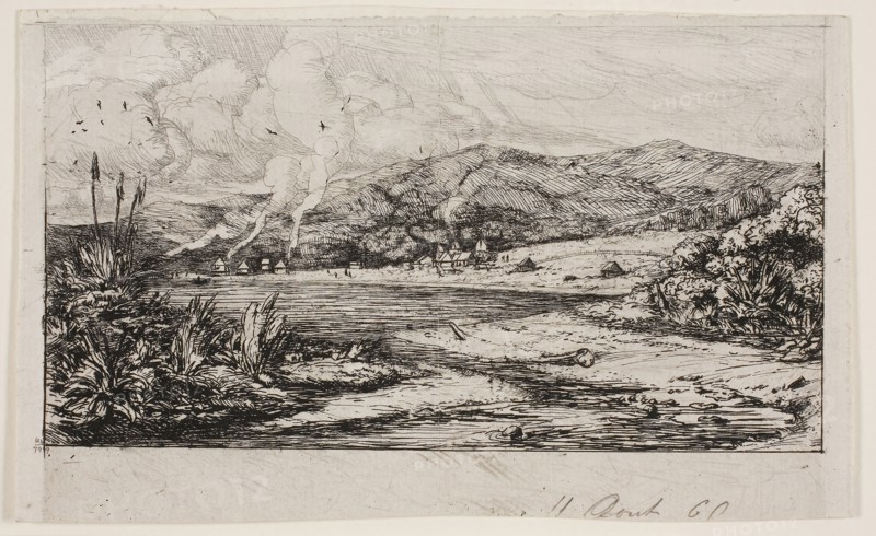 The Little French Colony at Akaroa, 1845, 1865, Charles Meryon, French, 1821-1868, France, Etching and drypoint, with graphite additions in sky on grayish ivory laid paper, 95 × 152 mm (image), 96 × 157 mm (sheet)