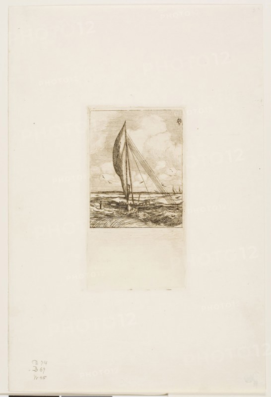 Swift-Sailing Proa, Mulgrave Archipelago, Oceania, 1866, Charles Meryon, French, 1821-1868, France, Etching with drypoint, burnishing and scraping on ivory laid paper, 145 × 80 mm (image), 145 × 80 mm (plate), 305 × 202 mm (sheet)