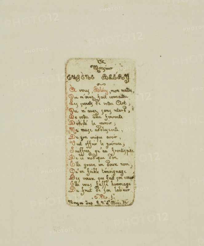 Verses Dedicated to Eugène Bléry, No. 1, 1854, Charles Meryon, French, 1821-1868, France, Etching in brown ink with some printing à la poupée in red ink on ivory wove paper, 71 × 34 mm (image), 71 × 34 mm (plate), 148 × 102 mm (sheet)