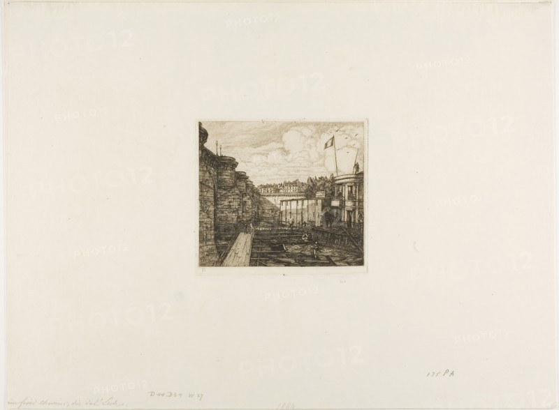 Chevrier’s Cold Bath Establishment, Paris, 1864, Charles Meryon, French, 1821-1868, France, Etching in warm black on ivory laid paper, 130 × 143 mm (image), 130 × 143 mm (plate), 339 × 455 mm (sheet)