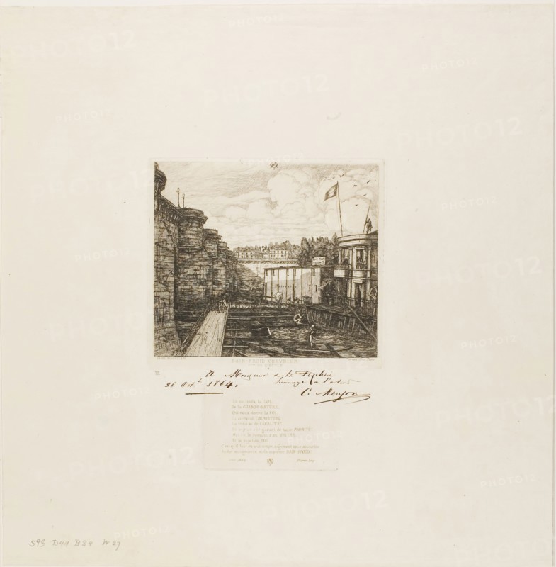 Chevrier’s Cold Bath Establishment, Paris, 1864, Charles Meryon (French, 1821-1868), printed by Pierron (French, 19th century), France, Etching in black and gold on ivory laid paper, 120 × 138 mm (image), 129 × 145 mm (plate image), 51 × 82 mm (plate verse), 346 × 340 mm (sheet)
