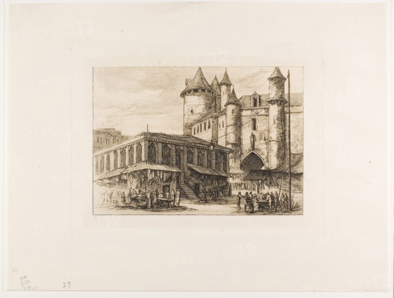 The Grand Châtelet, Paris, c. 1780, after an earlier drawing, 1861, Charles Meryon, French, 1821-1868, France, Etching and drypoint on ivory laid paper, 175 × 249 mm (image), 234 × 300 mm (plate), 341 × 450 mm (sheet)
