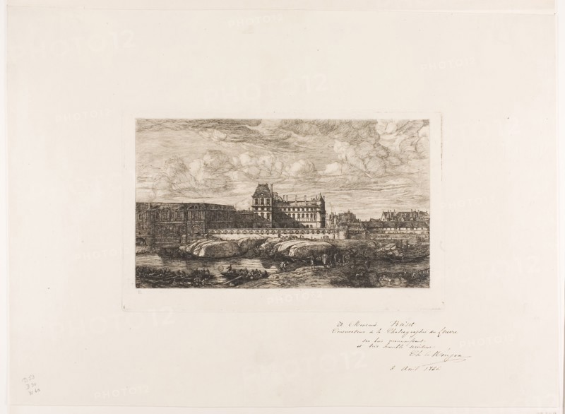 The Old Louvre, Paris, 1651, 1865, Charles Meryon (French, 1821-1868), after Reinier Nooms (Dutch, c. 1623-c. 1664), published by Chalcographic Society of the Louvre (French, 19th century), France, Etching on ivory laid paper, 165 × 265 mm (image), 166 × 267 mm (plate), 327 × 454 mm (sheet)